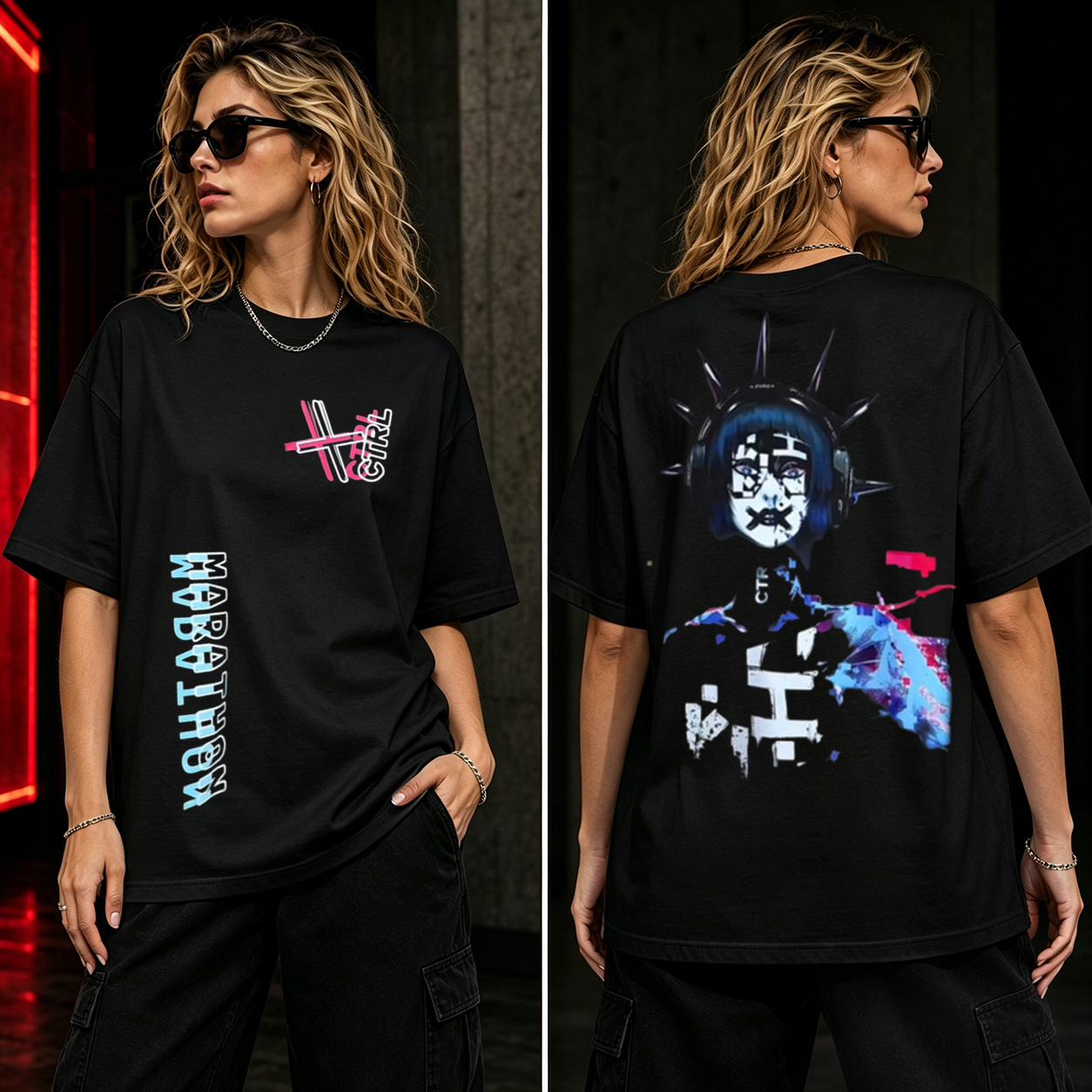 Neon Cyber Girl Graphic T-Shirt – Futuristic Anime Streetwear Oversized Tee