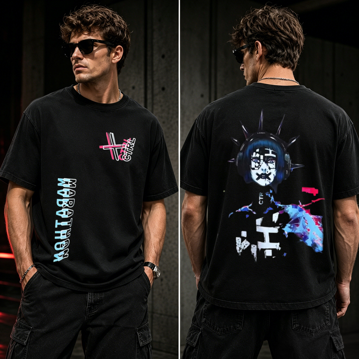 Neon Cyber Girl Graphic T-Shirt – Futuristic Anime Streetwear Oversized Tee