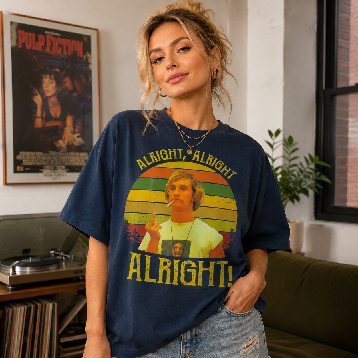 Alright Alright Alright Vintage Retro Movie Graphic Tee – Navy Washed Oversized T-Shirt