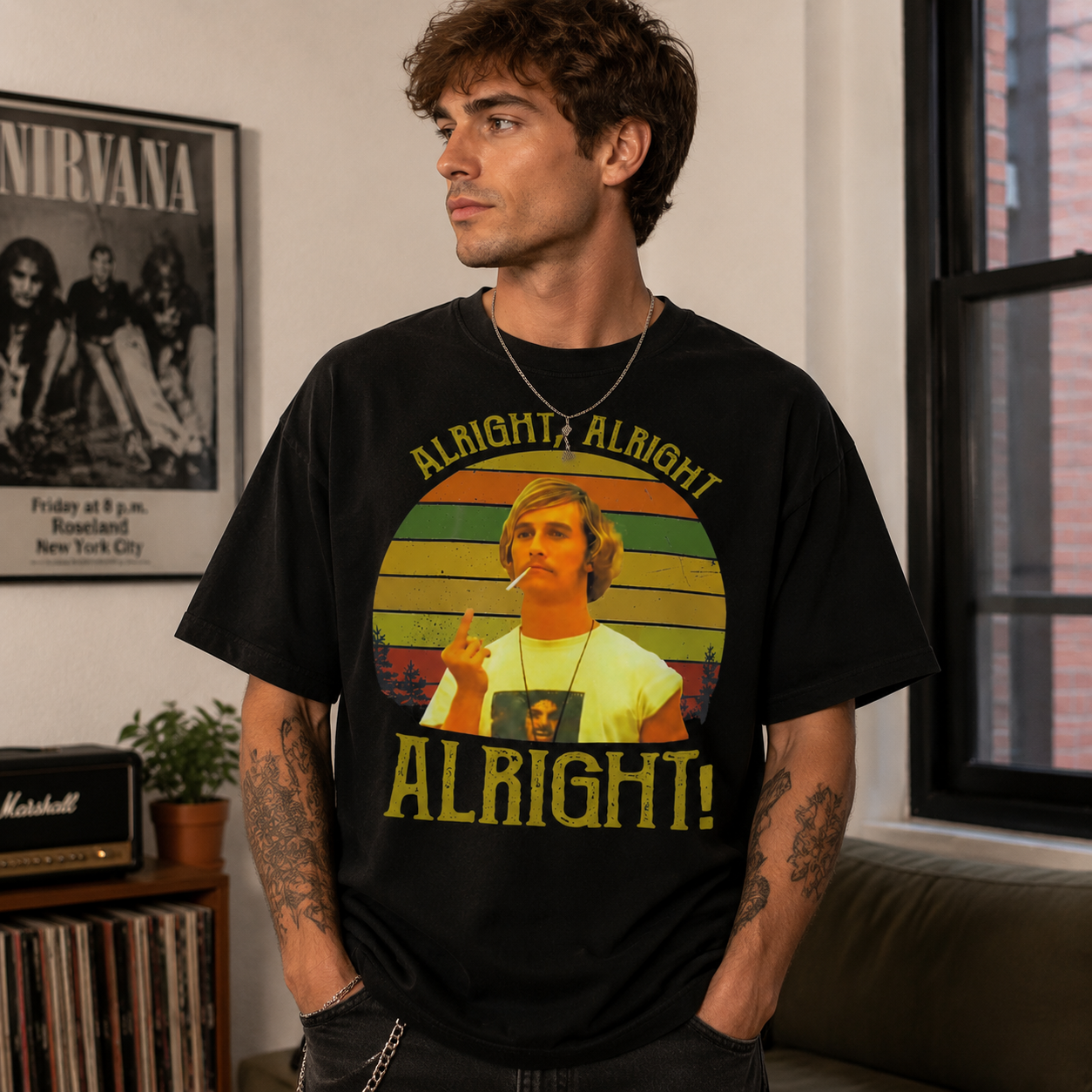 Alright Alright Alright Vintage Retro Movie Graphic Tee – Navy Washed Oversized T-Shirt