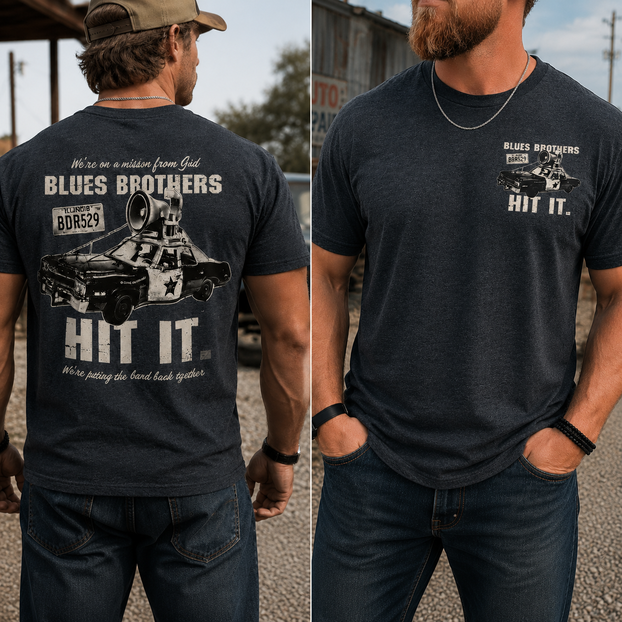 Blues Brothers "Hit It" Vintage Graphic Tee – Mission From God Retro Car & Loudspeaker Design T-Shirt
