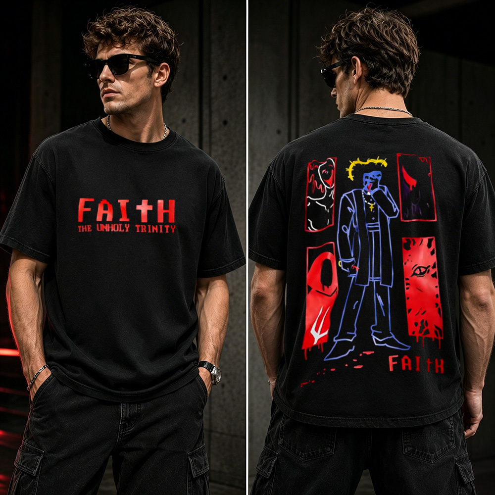Faith: The Unholy Trinity Retro Horror Game Graphic T-Shirt – Pixel Horror Oversized Tee