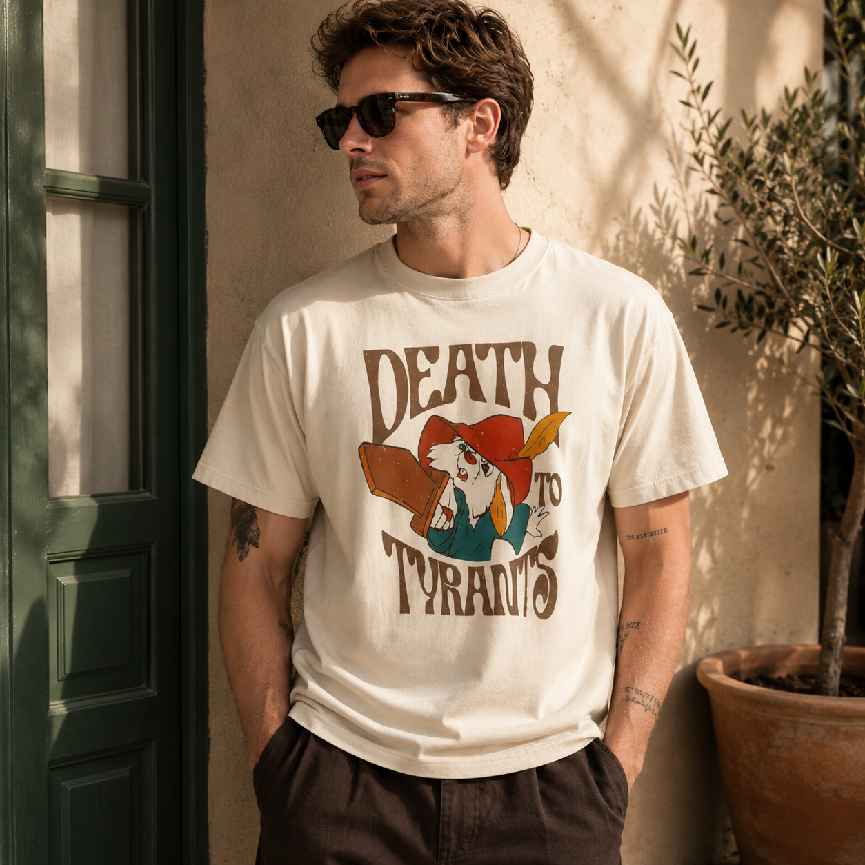 Vintage “Death to Tyrants” Graphic T-Shirt – Retro Streetwear Cotton Tee with Bold Illustrated Character Print