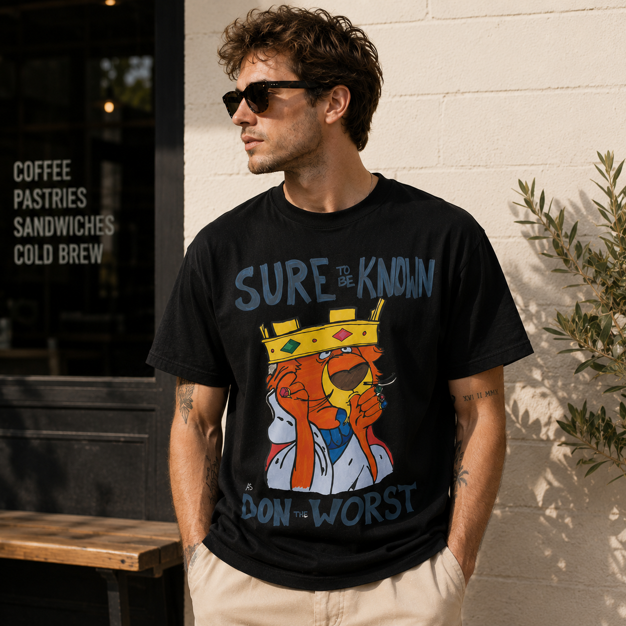 Retro Cartoon Crown Bear Graphic T-Shirt – Washed Cream Oversized Streetwear Tee with Slogan Print