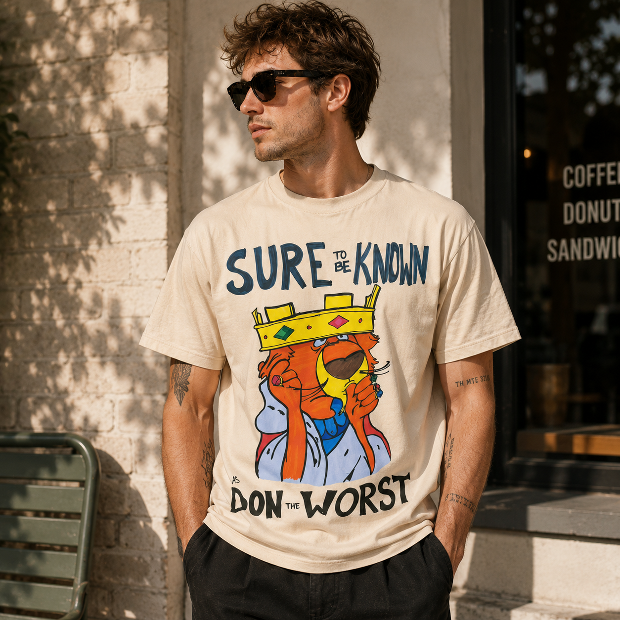 Retro Cartoon Crown Bear Graphic T-Shirt – Washed Cream Oversized Streetwear Tee with Slogan Print