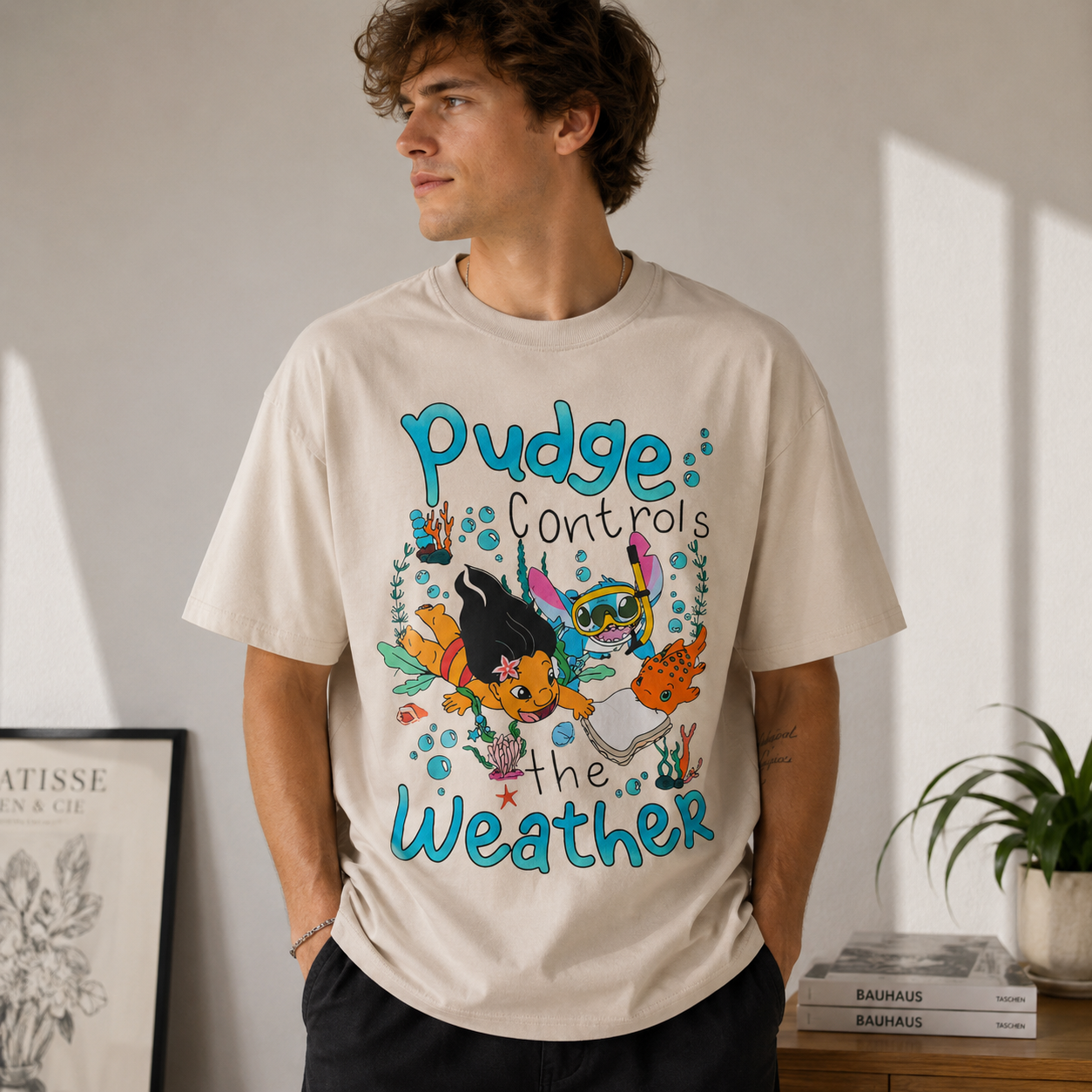 Vintage Underwater Cartoon Graphic T-Shirt – Washed Cream Oversized Streetwear Tee with Weather Illustration Print