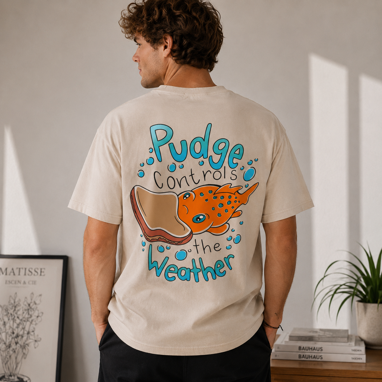 Retro Cartoon Underwater Fish Graphic T-Shirt – Washed Cream Oversized Streetwear Tee