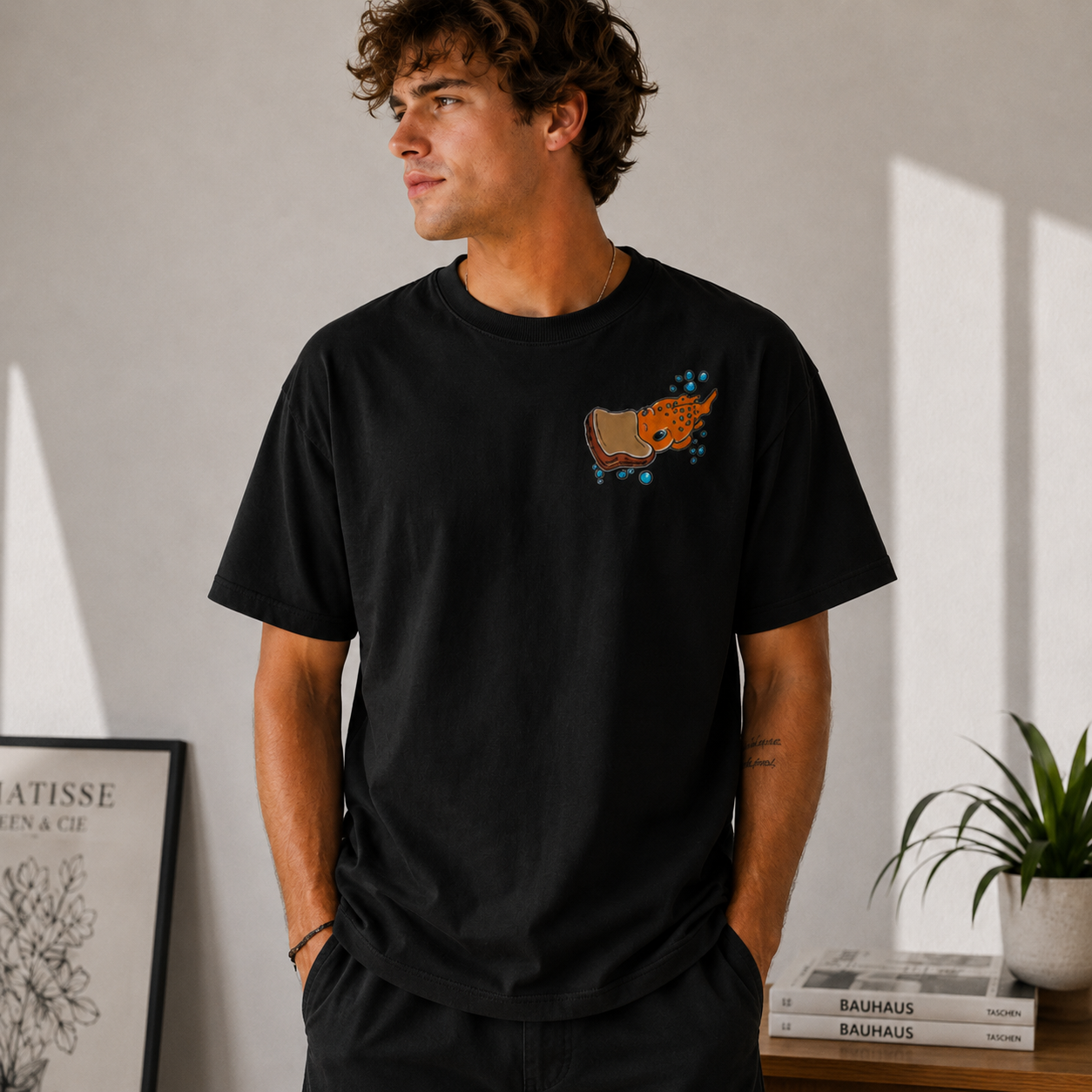 Retro Cartoon Underwater Fish Graphic T-Shirt – Washed Cream Oversized Streetwear Tee
