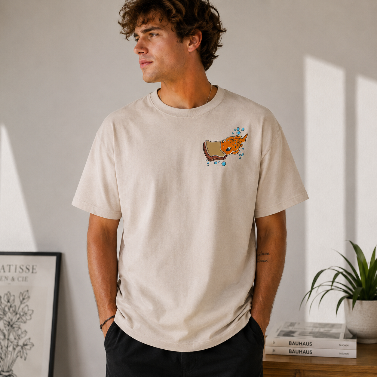 Retro Cartoon Underwater Fish Graphic T-Shirt – Washed Cream Oversized Streetwear Tee