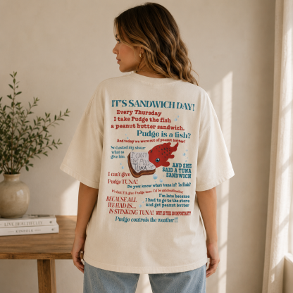 Funny Fish Sandwich Graphic T-Shirt – Washed Cream Oversized Streetwear Tee with Retro Humor Print