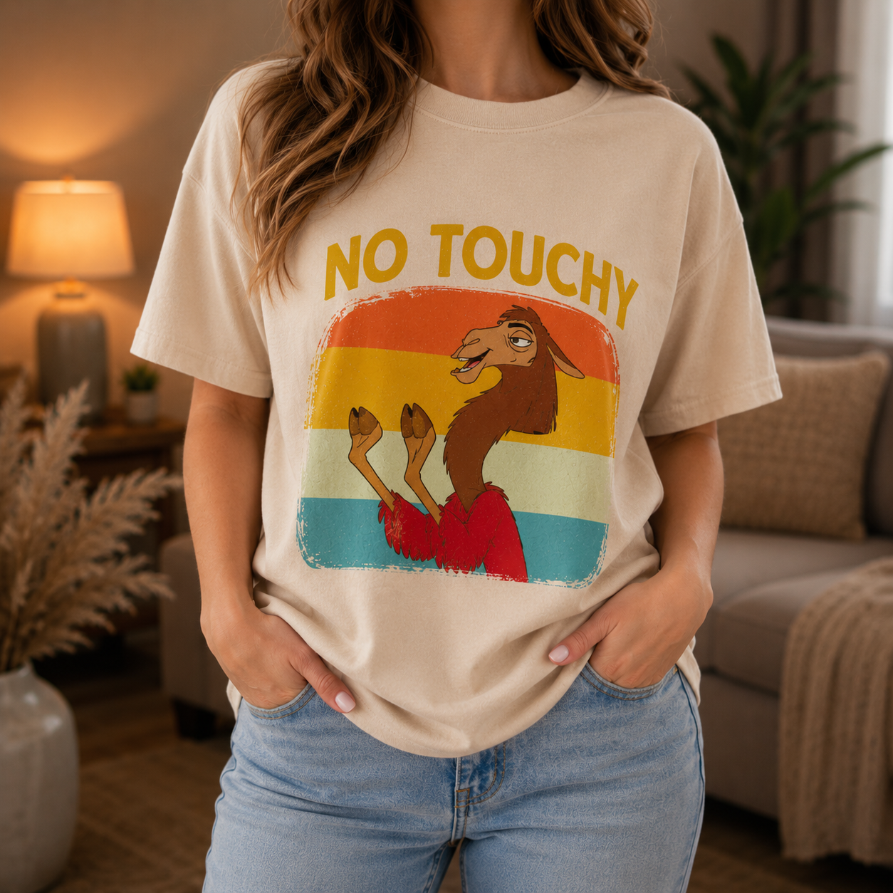Retro Sunset Animal Graphic T-Shirt – Black Oversized Streetwear Tee with “No Touchy” Slogan Print