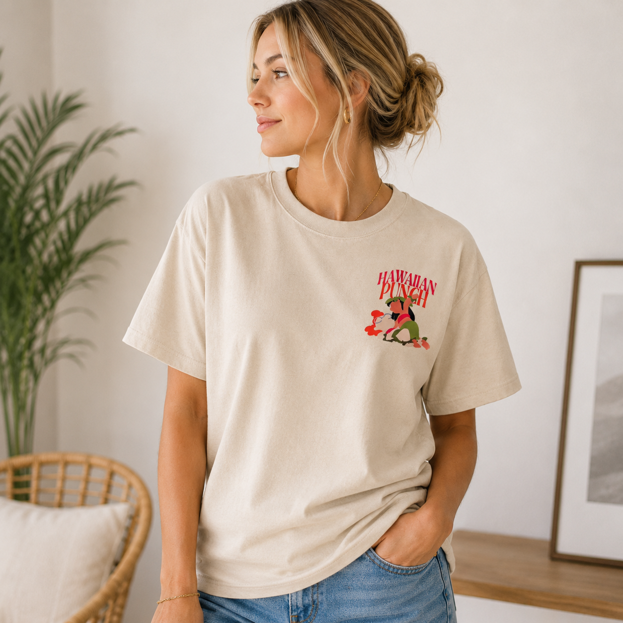 Funny Sandwich Graphic Oversized T-Shirt – Washed Cream Casual Streetwear Tee with Retro Text Print