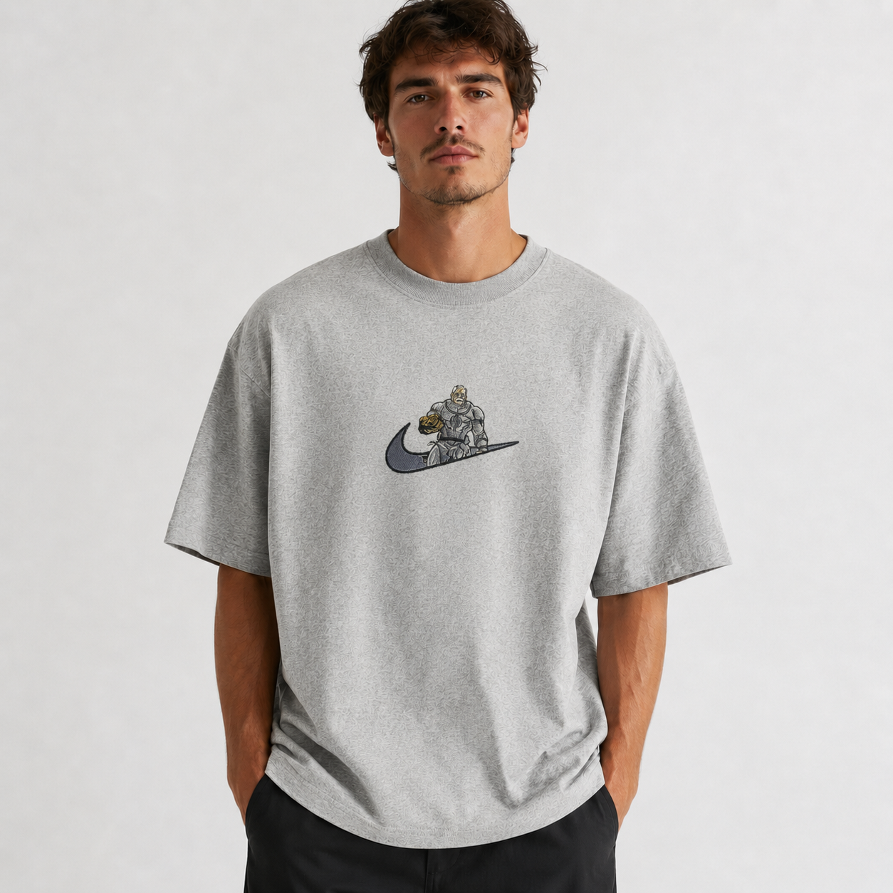Minimalist Oversized Streetwear T-Shirt – Futuristic Armored Warrior Chest Graphic Tee