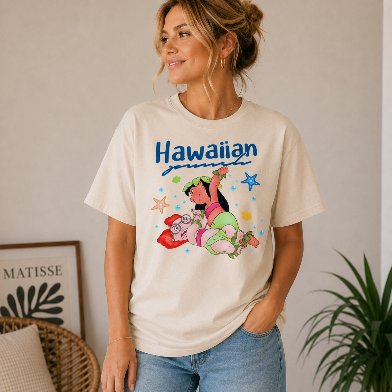 Vintage Tropical Cartoon Graphic T-Shirt – Washed Cream Oversized Streetwear Tee