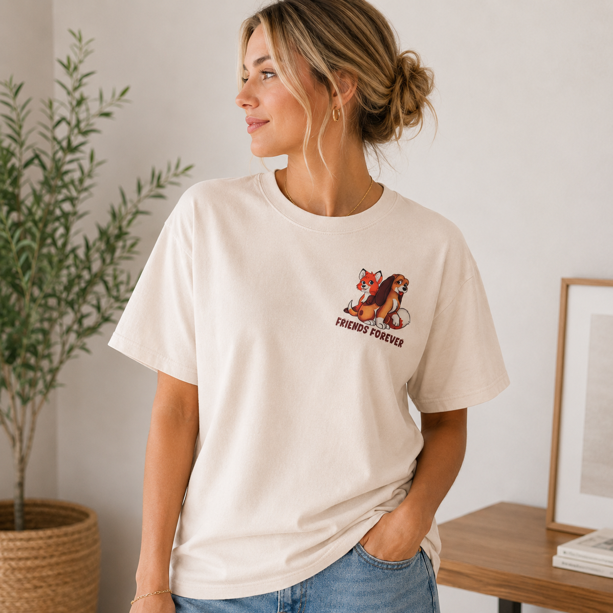 Whimsical Fox and Hound Friends Dual-Sided Graphic Oversized Streetwear T-Shirt