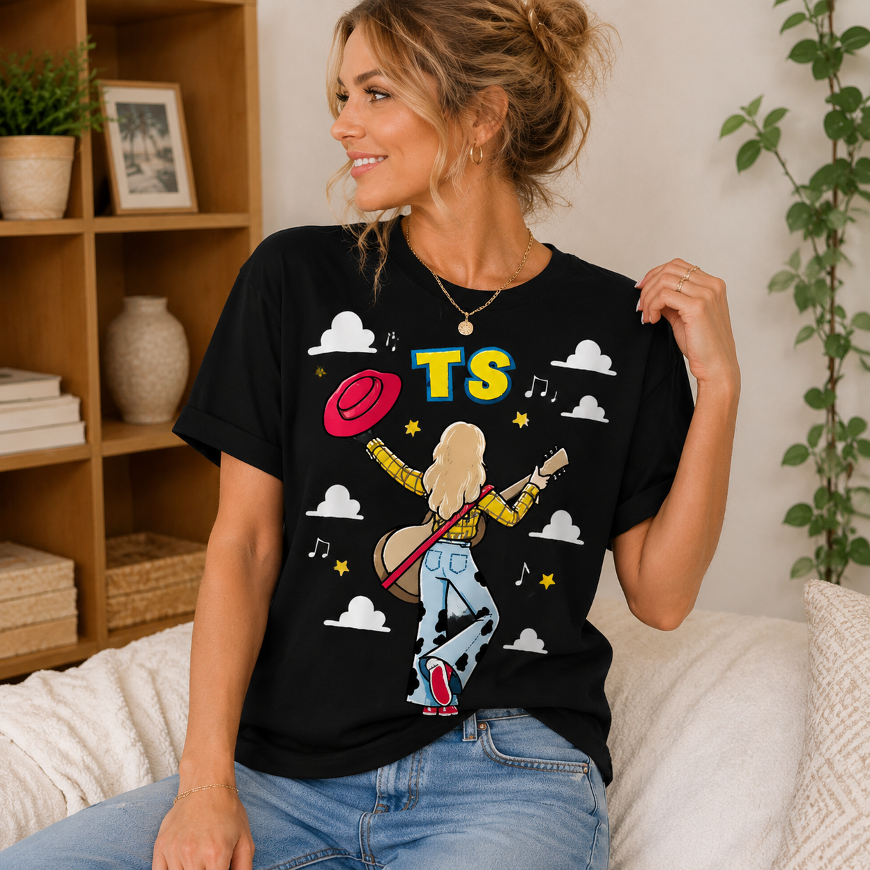 Retro Cowgirl Guitar Graphic Apparel – Cartoon Character Illustration Top