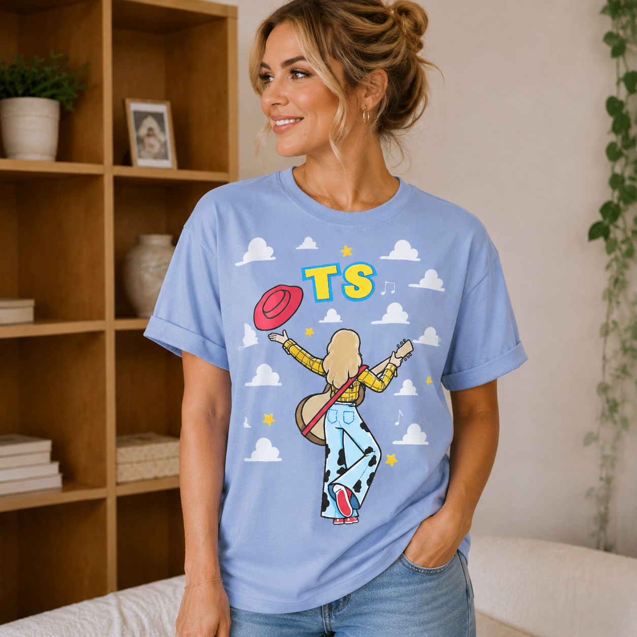 Retro Cowgirl Guitar Graphic Apparel – Cartoon Character Illustration Top