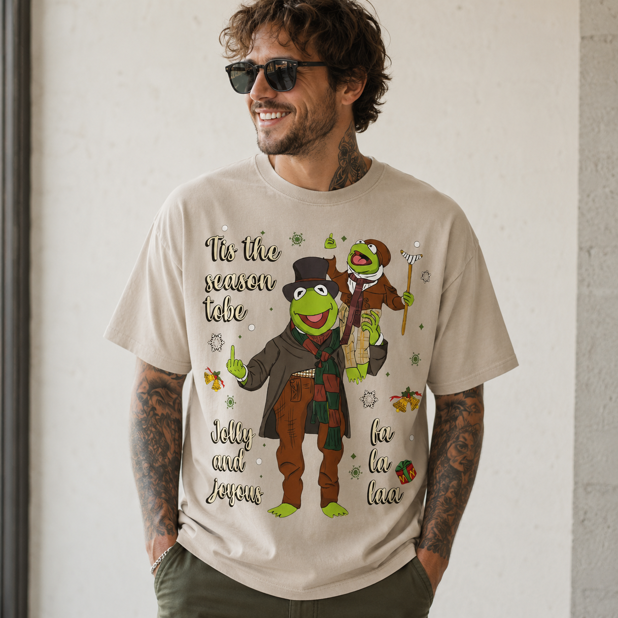 Festive Frog Duo Holiday Cartoon Graphic T-Shirt with Winter Celebration Slogan and Playful Seasonal Streetwear Design Casual Unisex Tee