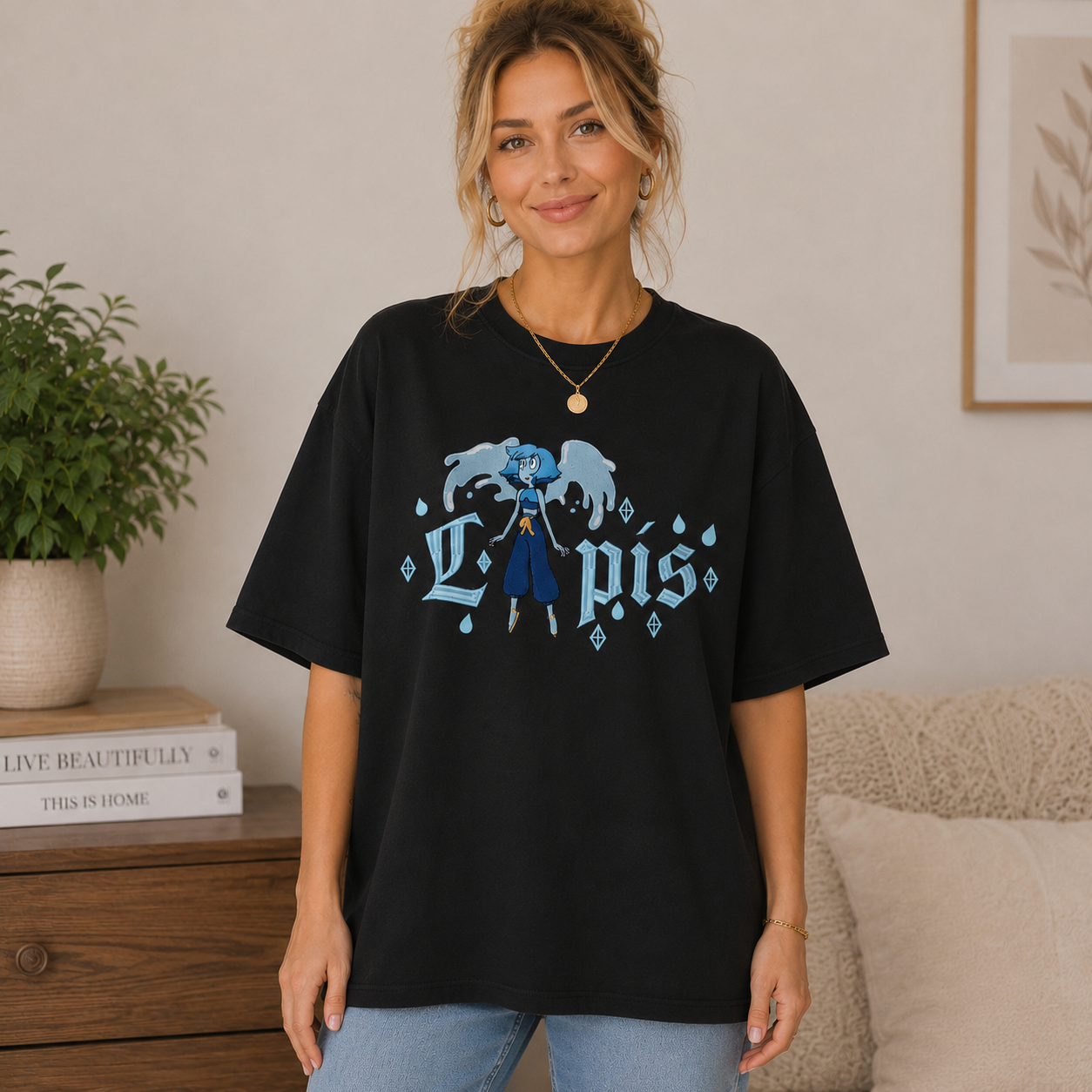Fantasy Winged Character Graphic T-Shirt with Gothic Typography and Diamond Accent Streetwear Unisex Casual Tee