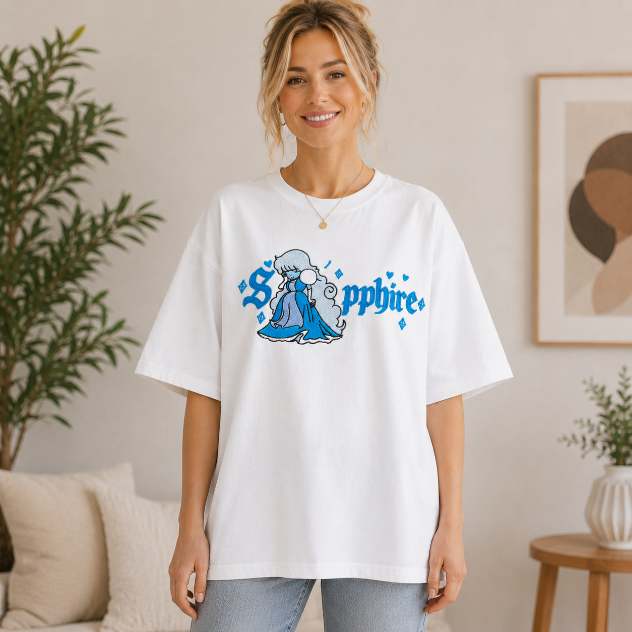 Princess-Inspired Blue Character Graphic T-Shirt with Gothic Typography Streetwear Unisex Casual Tee
