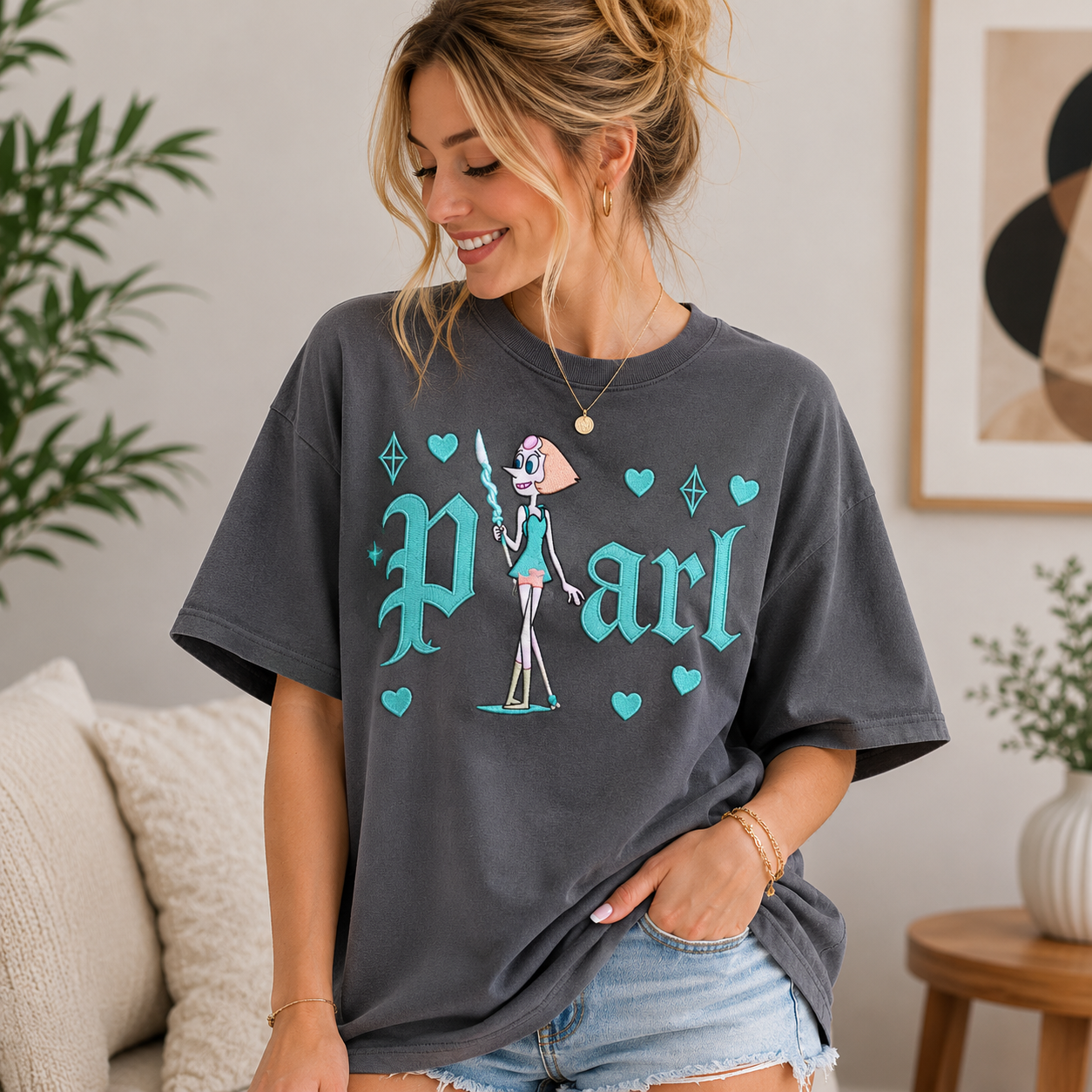 Gem-Inspired Elegant Character Graphic T-Shirt with Teal Heart Accent Streetwear Unisex Casual Tee