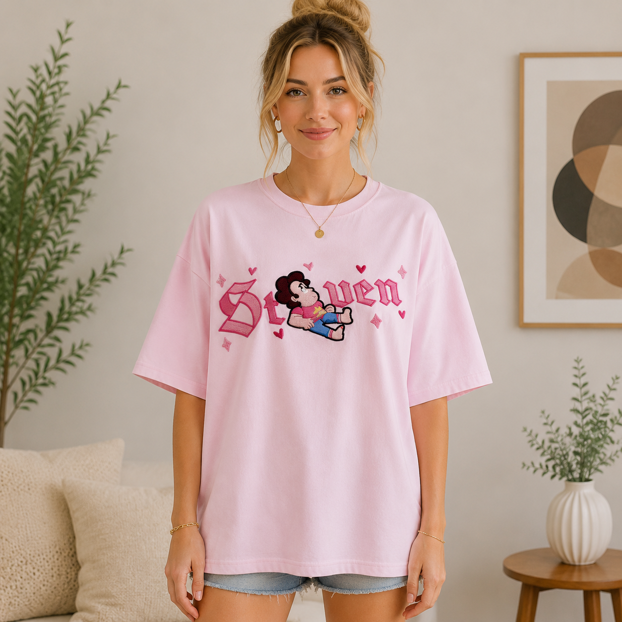 Cute Cartoon Boy Heart Graphic T-Shirt with Pink Gothic Typography Streetwear Unisex Casual Tee