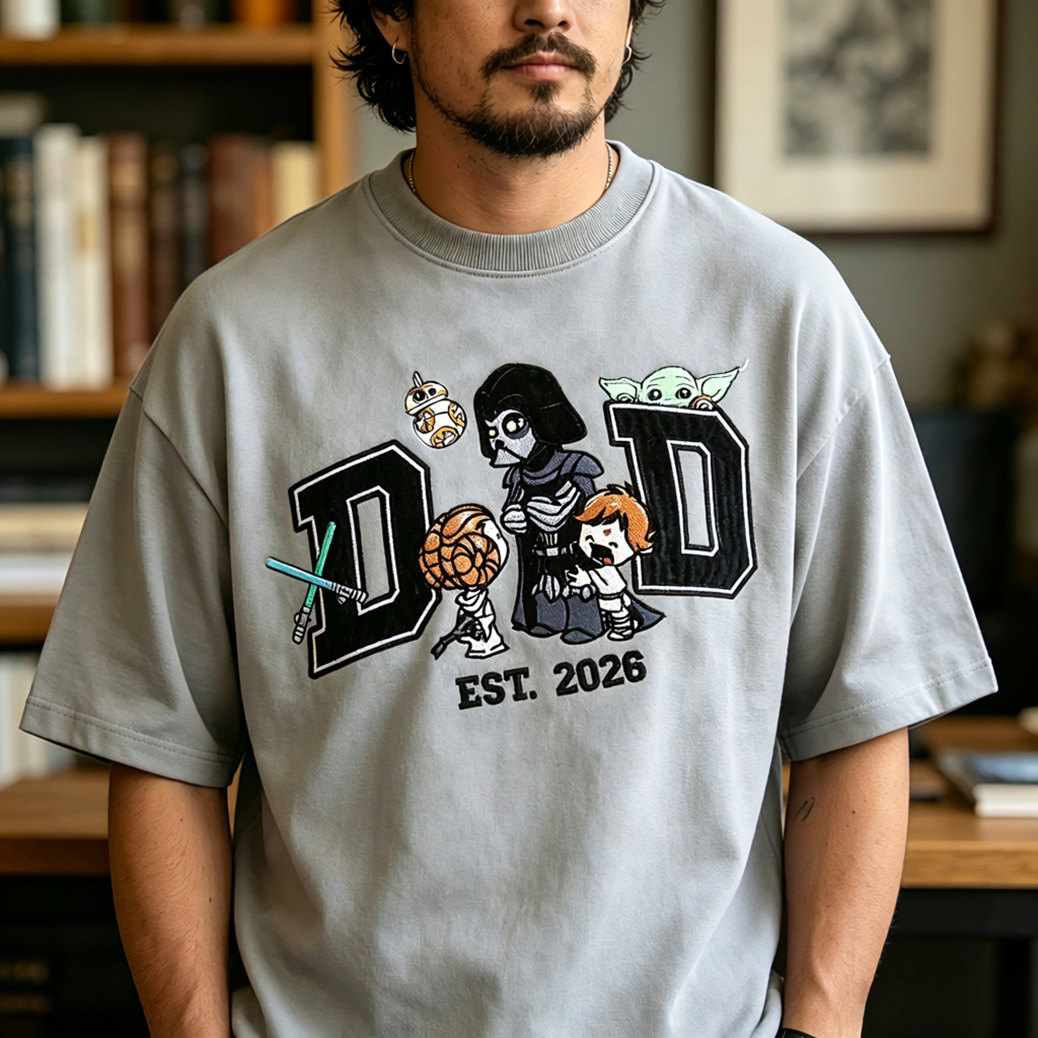 Retro Sci-Fi Space Warrior & Companion Cartoon Graphic Men’s T-Shirt with Varsity EST. 2026 Streetwear Design
