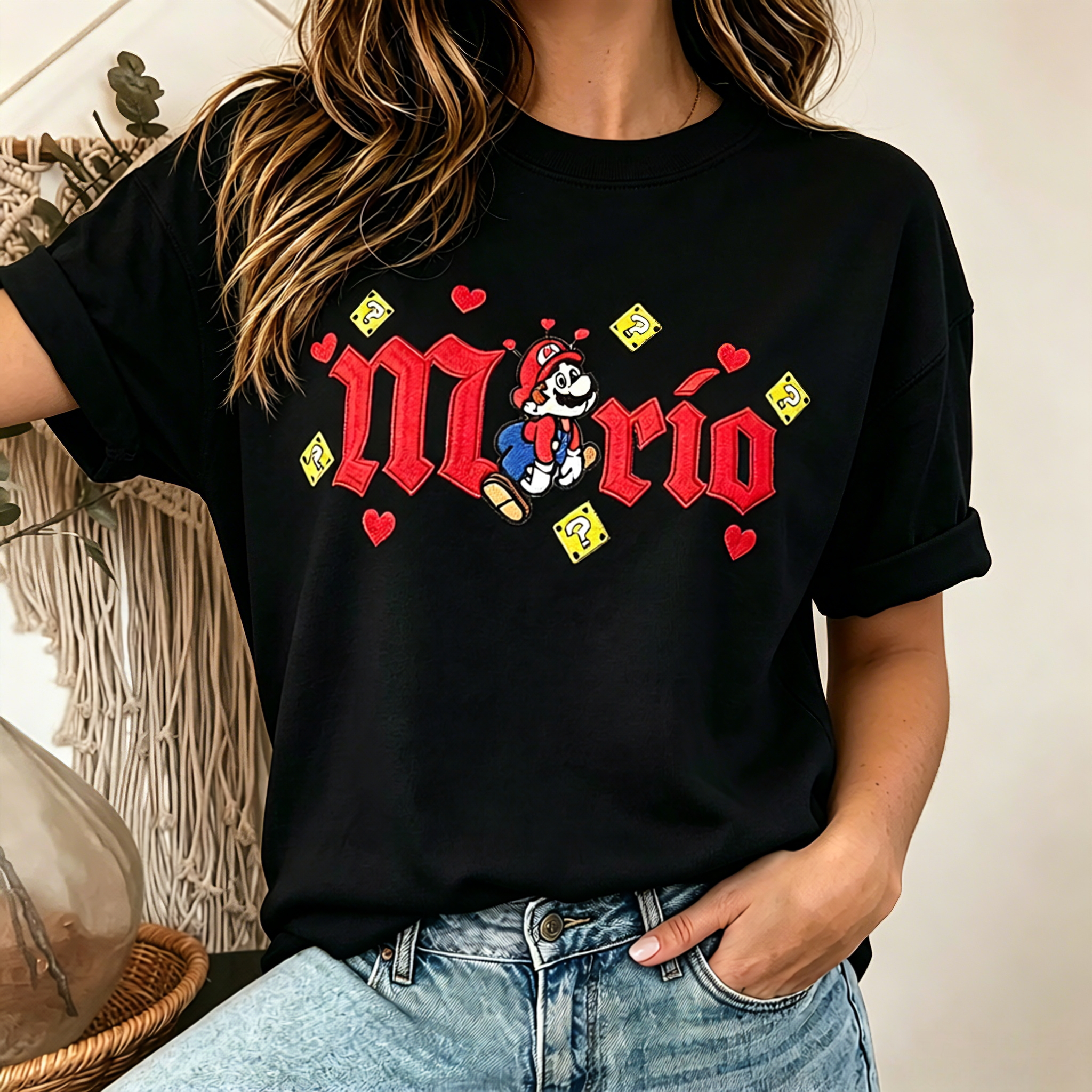 Retro Pixel Plumber Cartoon Graphic T-Shirt with Heart Accent Streetwear Unisex Casual Tee