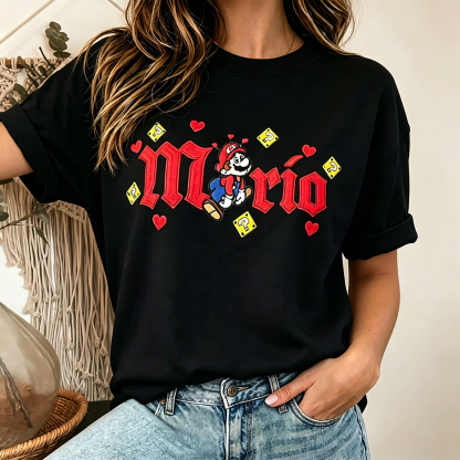 Retro Pixel Plumber Cartoon Graphic T-Shirt with Heart Accent Streetwear Unisex Casual Tee