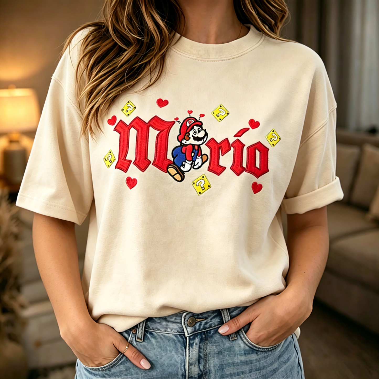 Retro Pixel Plumber Cartoon Graphic T-Shirt with Heart Accent Streetwear Unisex Casual Tee