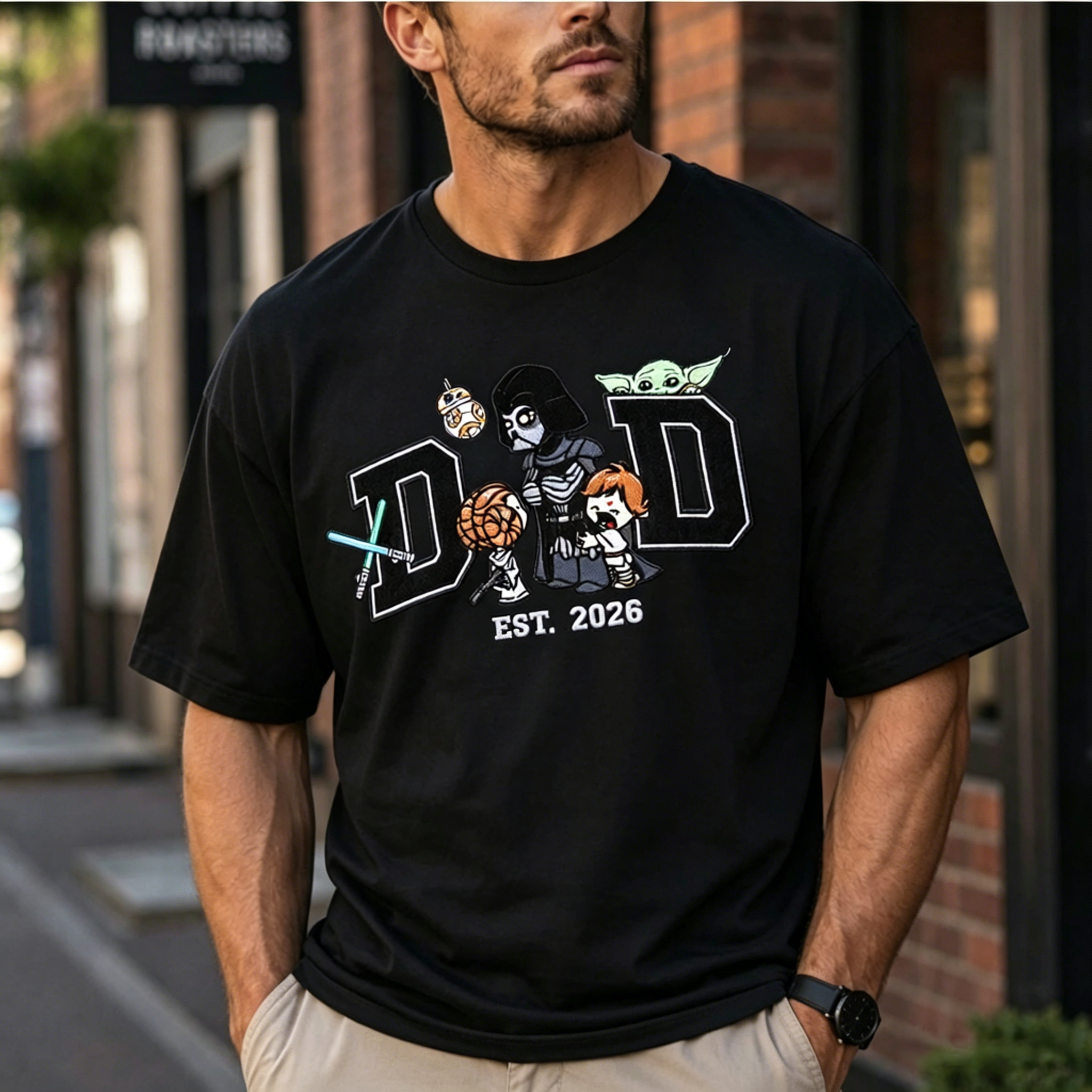 Retro Sci-Fi Space Warrior & Companion Cartoon Graphic Men’s T-Shirt with Varsity EST. 2026 Streetwear Design