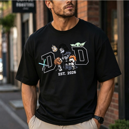 Retro Sci-Fi Space Warrior & Companion Cartoon Graphic Men’s T-Shirt with Varsity EST. 2026 Streetwear Design