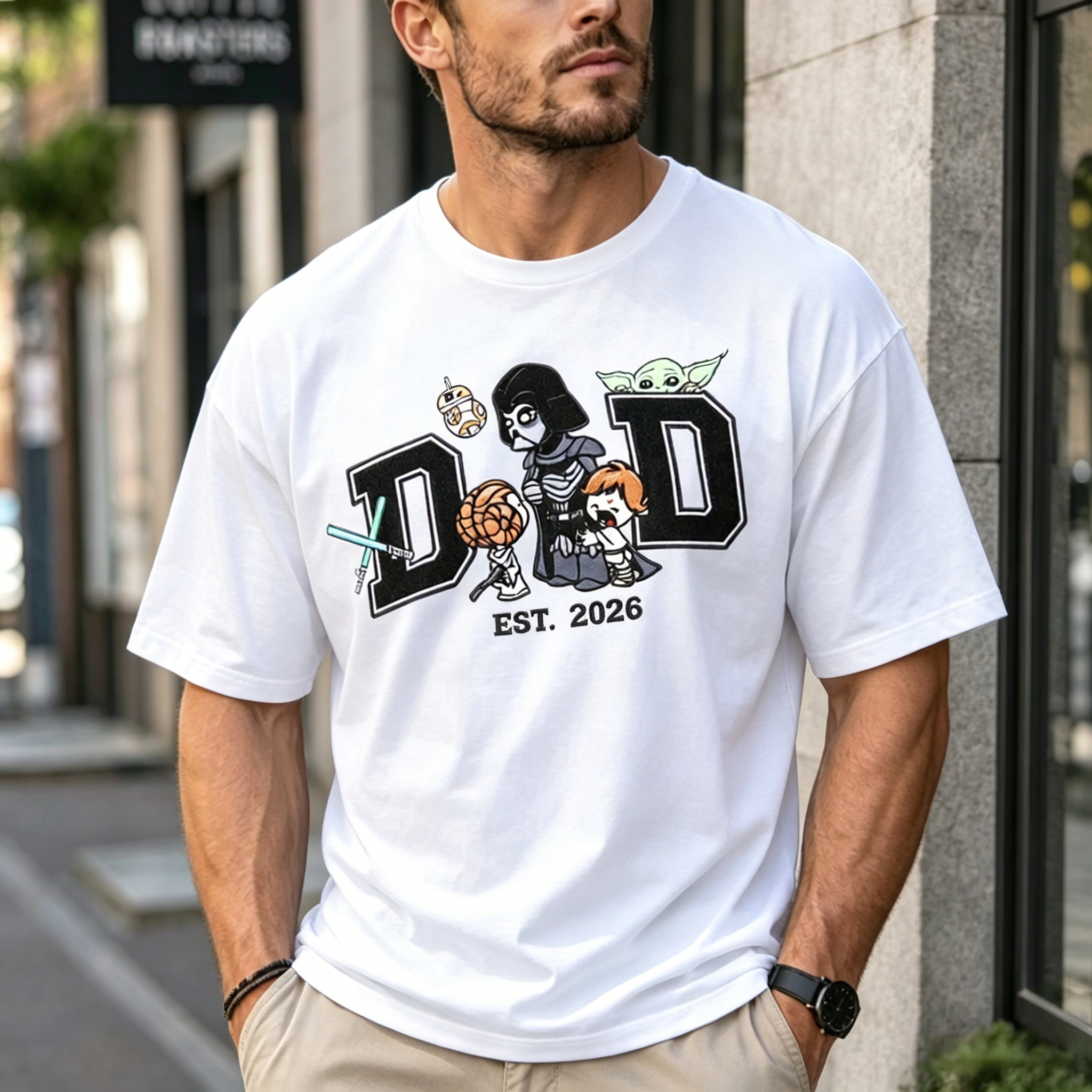 Retro Sci-Fi Space Warrior & Companion Cartoon Graphic Men’s T-Shirt with Varsity EST. 2026 Streetwear Design