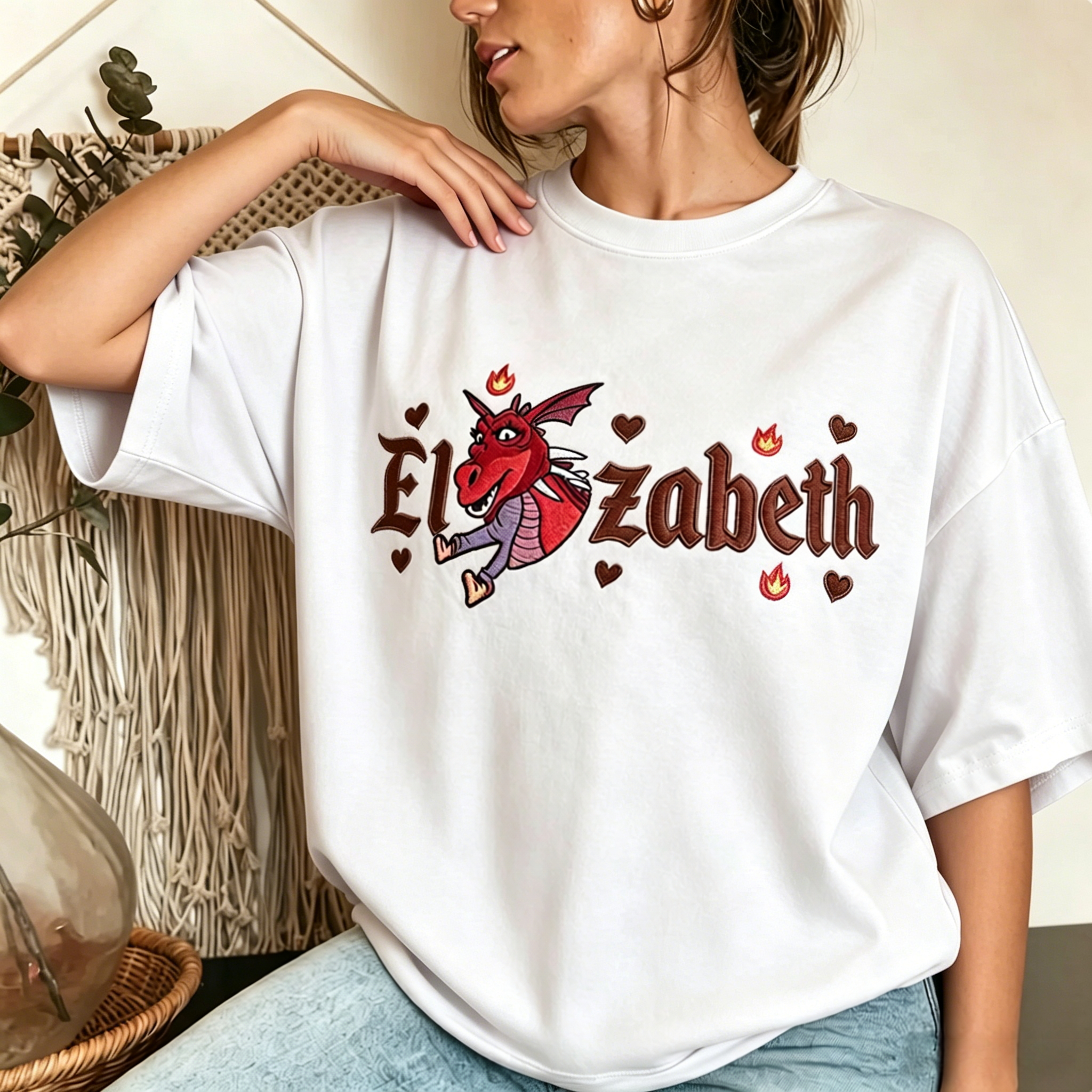 Cartoon Dragon Name Graphic T-Shirt “Elizabeth” Embroidered Streetwear Casual Tee