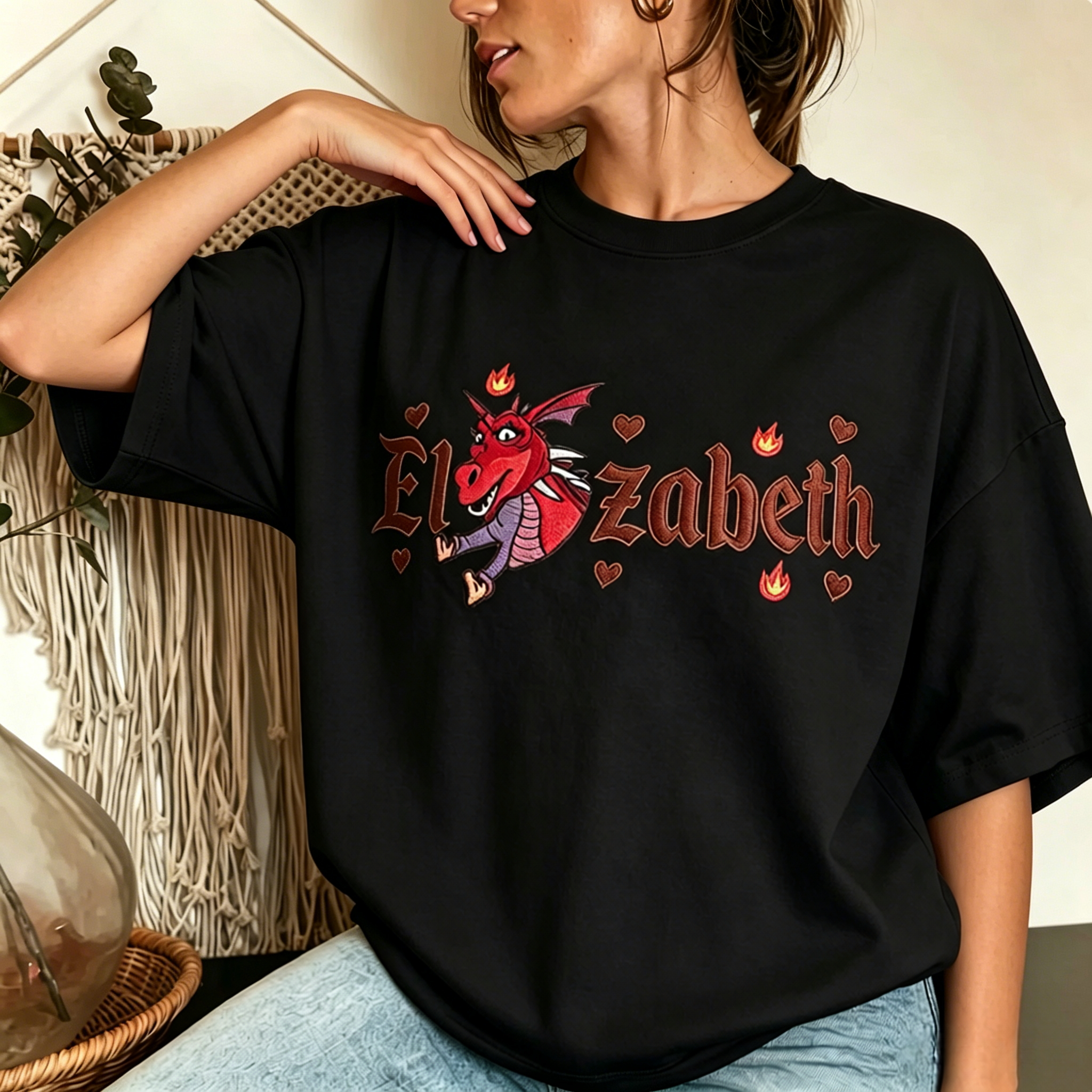 Cartoon Dragon Name Graphic T-Shirt “Elizabeth” Embroidered Streetwear Casual Tee