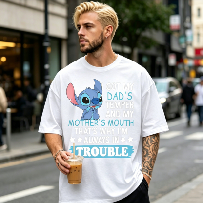 Funny Cartoon Blue Alien “Always in Trouble” Quote Graphic T-Shirt Casual Streetwear Tee
