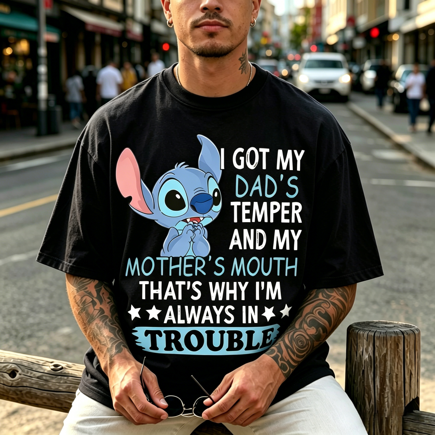Funny Cartoon Blue Alien “Always in Trouble” Quote Graphic T-Shirt Casual Streetwear Tee