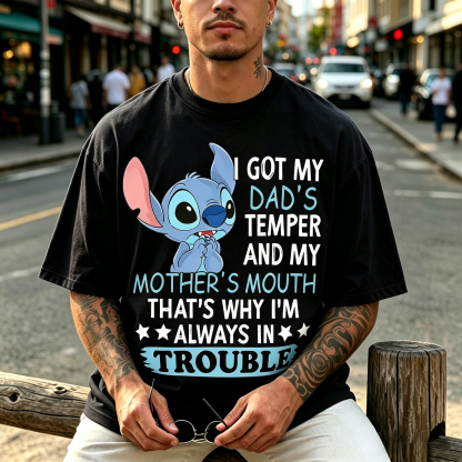 Funny Cartoon Blue Alien “Always in Trouble” Quote Graphic T-Shirt Casual Streetwear Tee