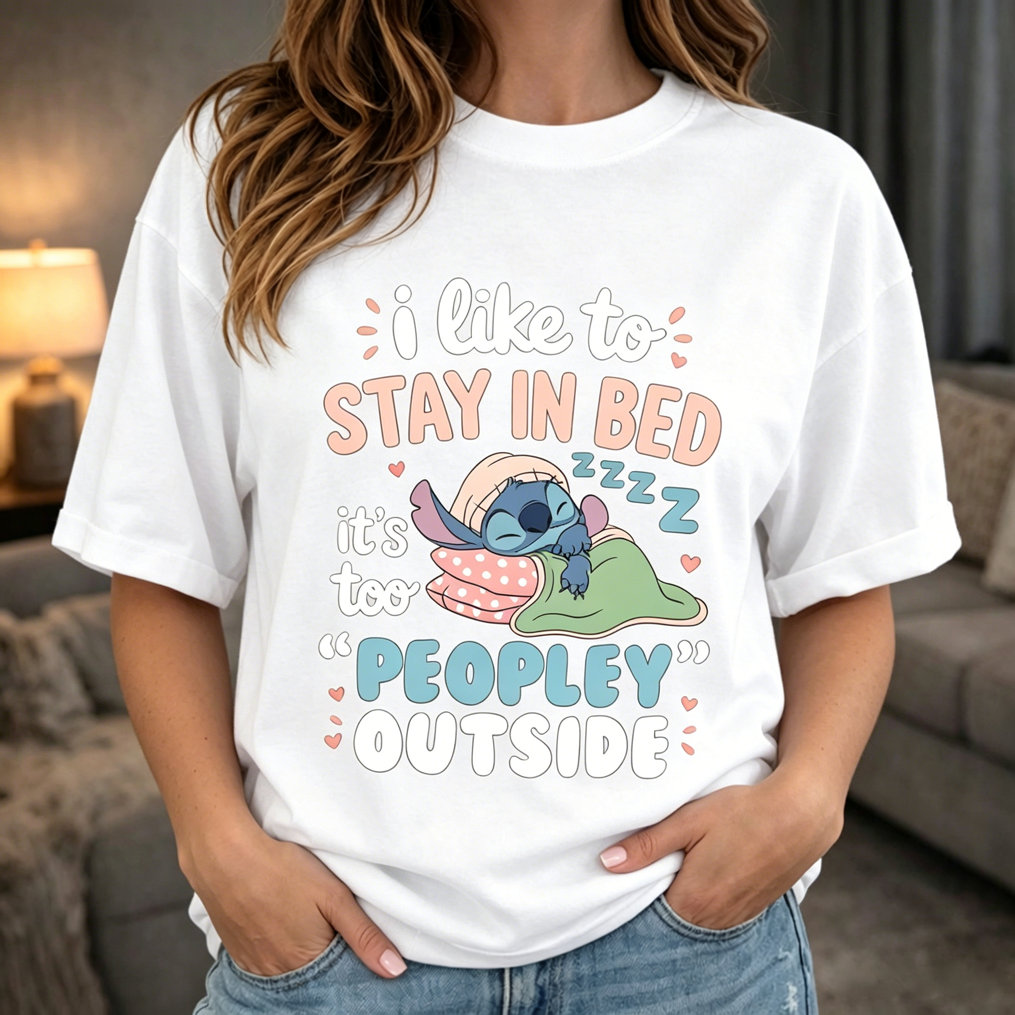 Cute Sleepy Blue Cartoon Alien “Stay in Bed” Humor Graphic T-Shirt Women’s Casual Streetwear Tee