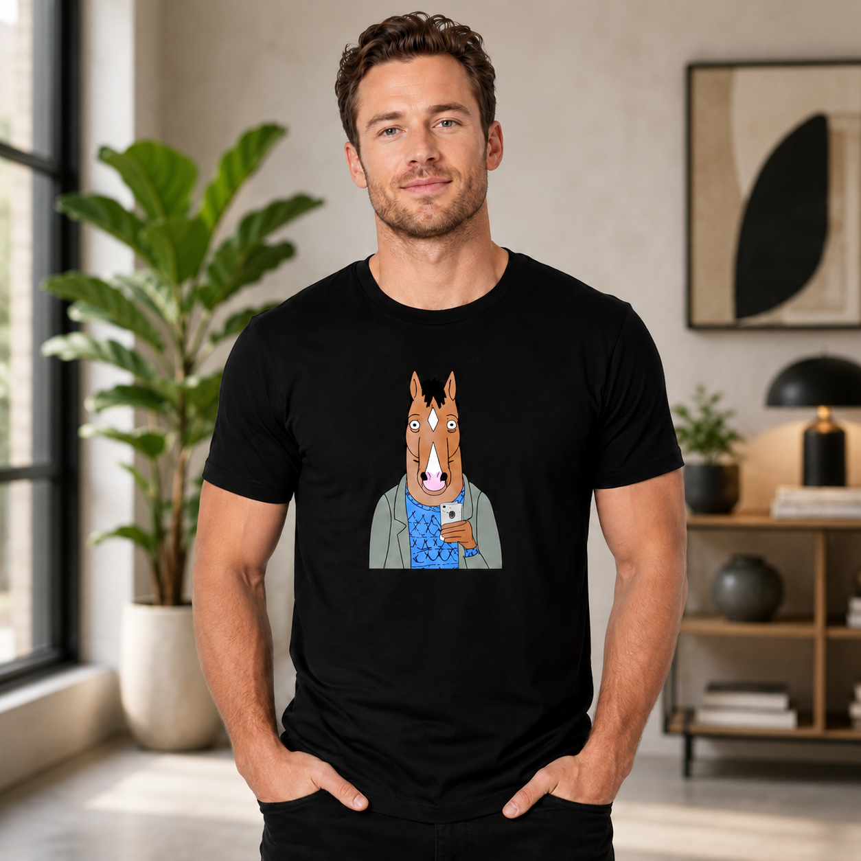 Anthropomorphic Cartoon Horse Selfie Graphic T-Shirt Casual Streetwear Tee