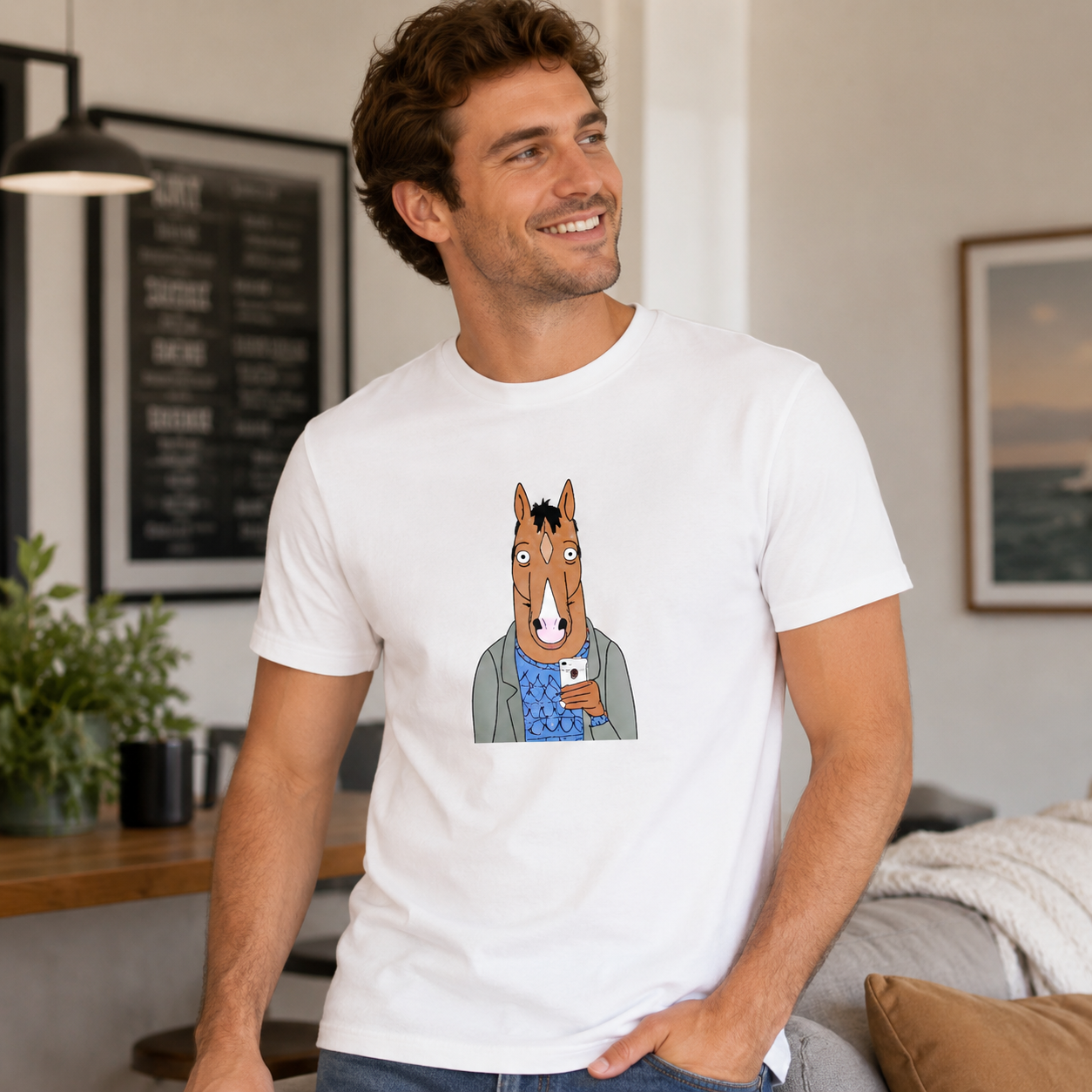 Anthropomorphic Cartoon Horse Selfie Graphic T-Shirt Casual Streetwear Tee
