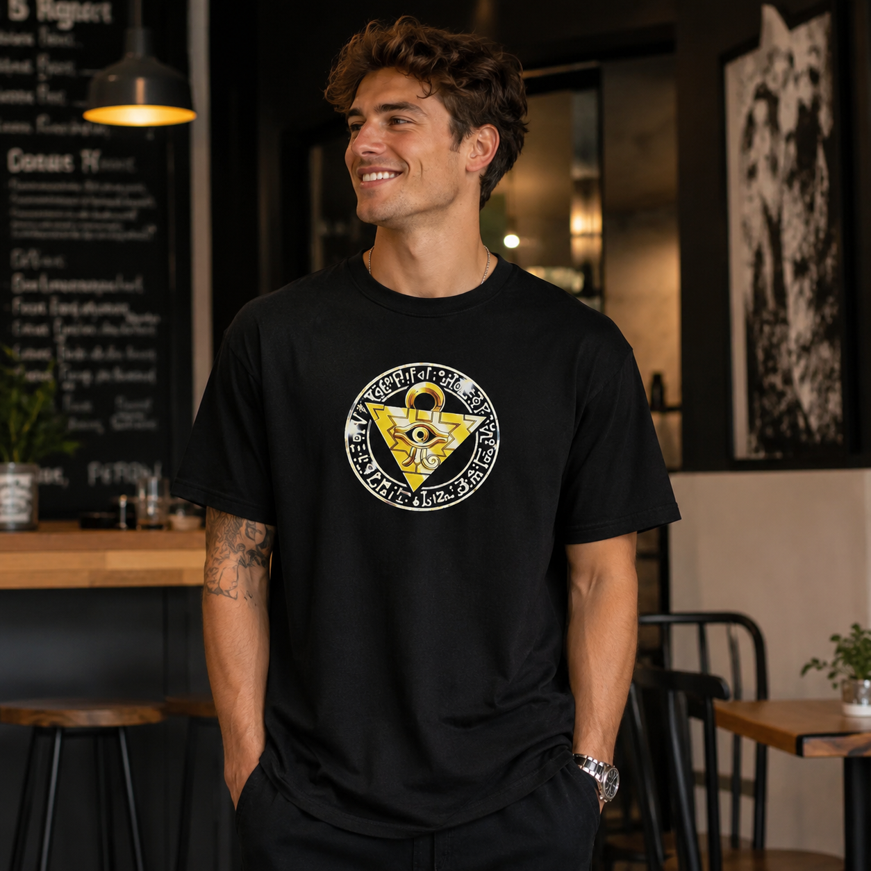 Anime-Inspired Dark Duelist Graphic T-Shirt – Bold Streetwear Black Tee with Neon Fantasy Character Design