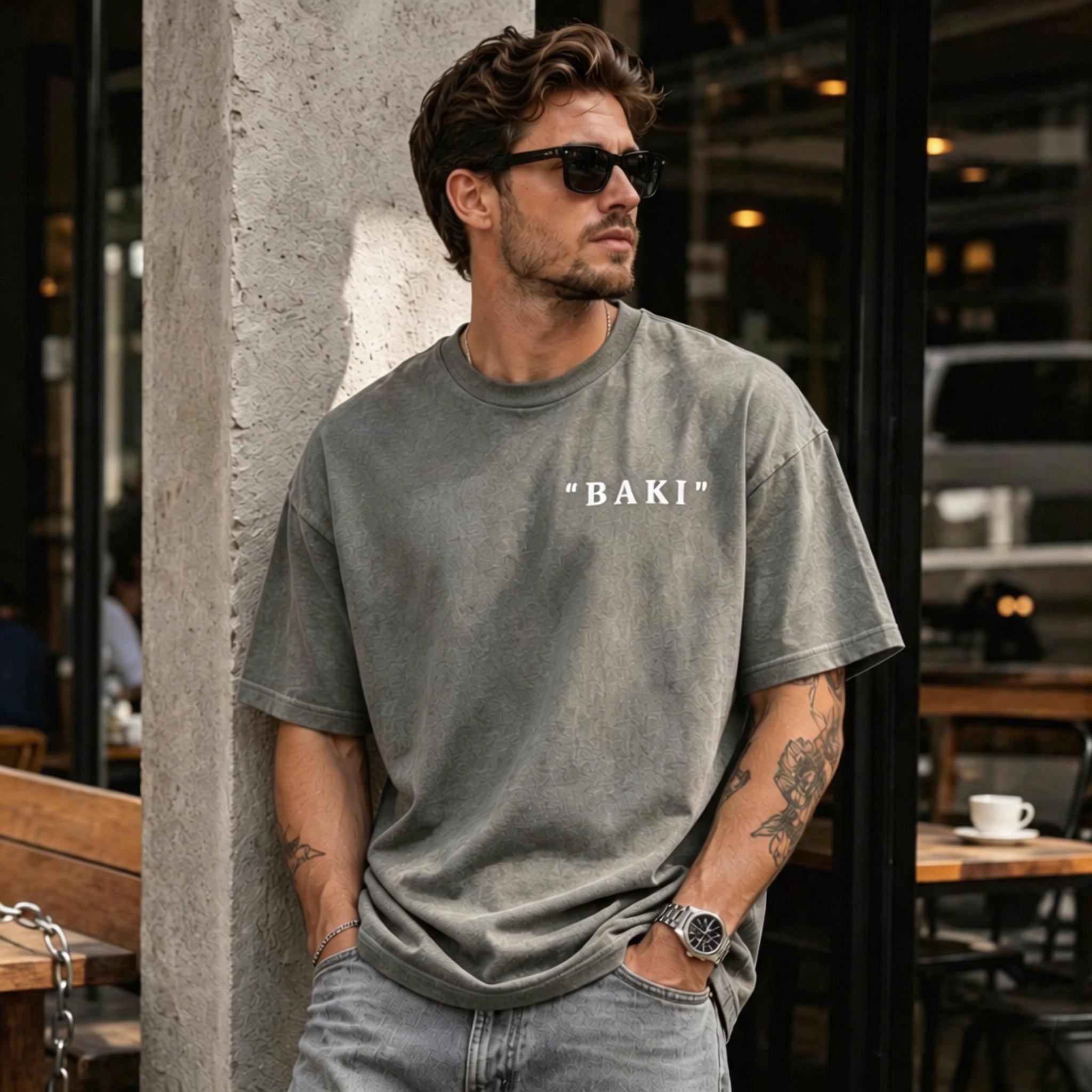 Washed Vintage Fighter Back Print Graphic T-Shirt – Oversized Streetwear Cotton Tee with Bold Muscle Illustration
