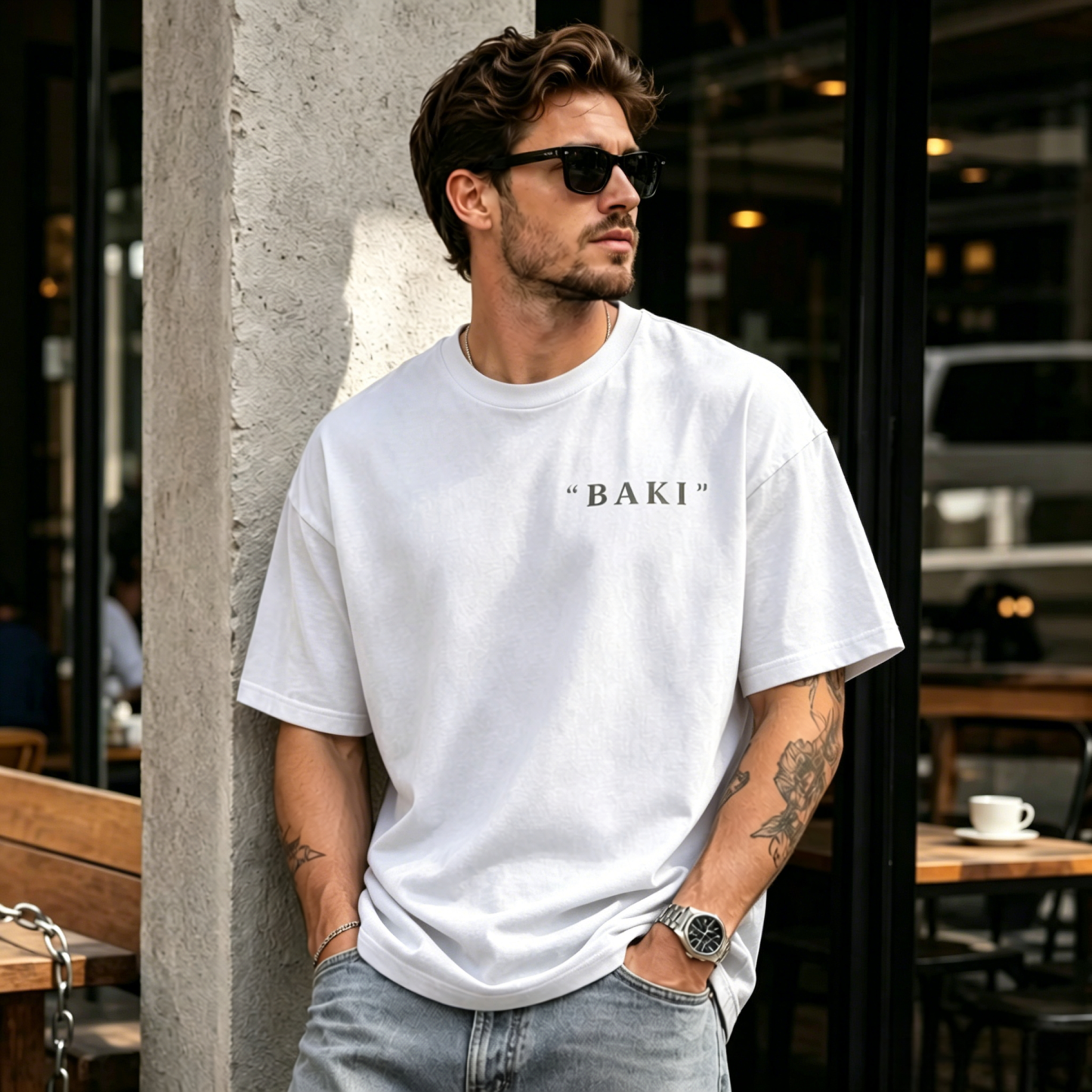 Washed Vintage Fighter Back Print Graphic T-Shirt – Oversized Streetwear Cotton Tee with Bold Muscle Illustration