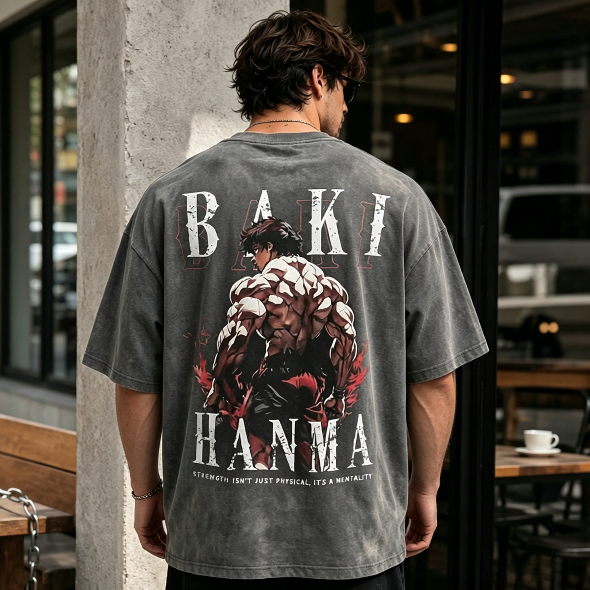 Washed Vintage Fighter Back Print Graphic T-Shirt – Oversized Streetwear Cotton Tee with Bold Muscle Illustration