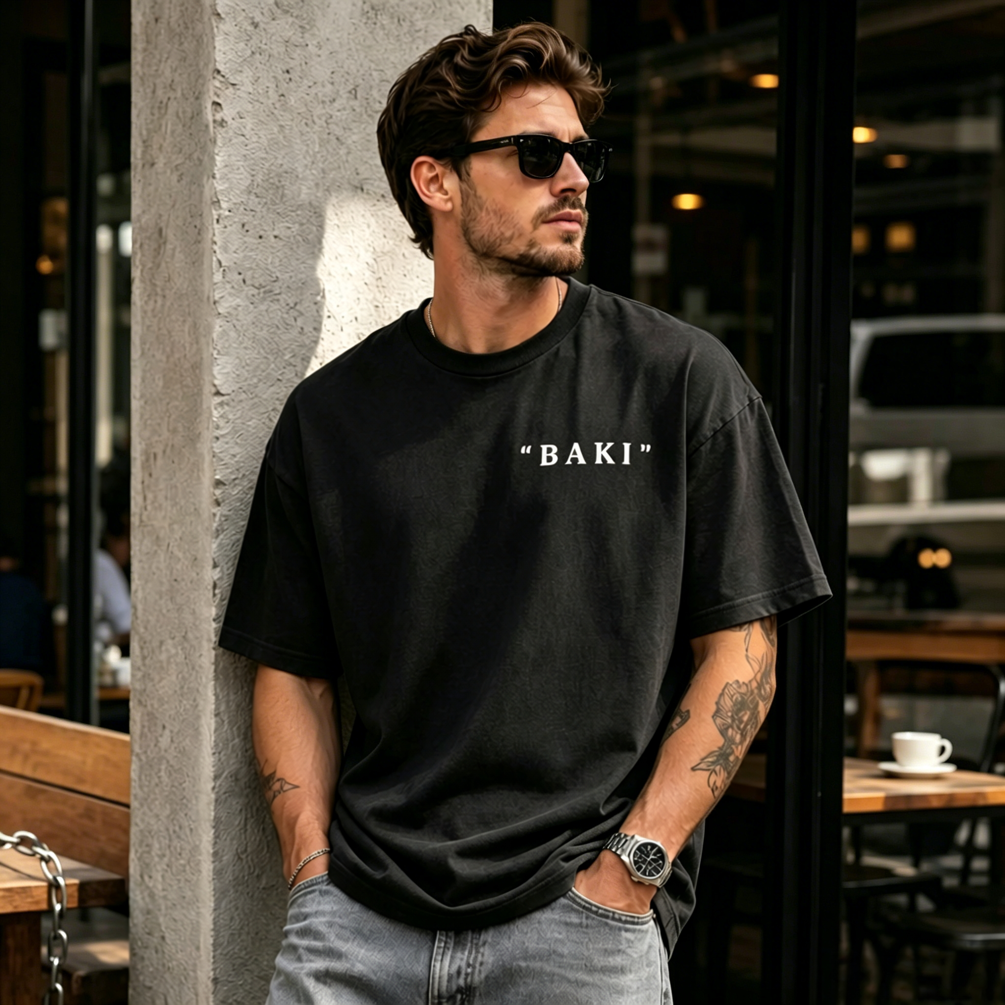 Washed Vintage Fighter Back Print Graphic T-Shirt – Oversized Streetwear Cotton Tee with Bold Muscle Illustration