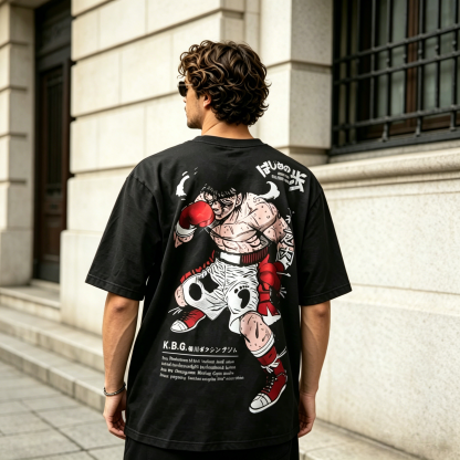 Vintage Martial Arts Fighter Graphic Back Print T-Shirt – Oversized Streetwear Cotton Tee with Boxing Illustration Design