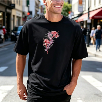 Dark Floral Anime-Inspired Graphic T-Shirt – Pink Character Back Print Streetwear Tee