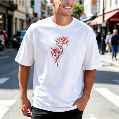 Dark Floral Anime-Inspired Graphic T-Shirt – Pink Character Back Print Streetwear Tee
