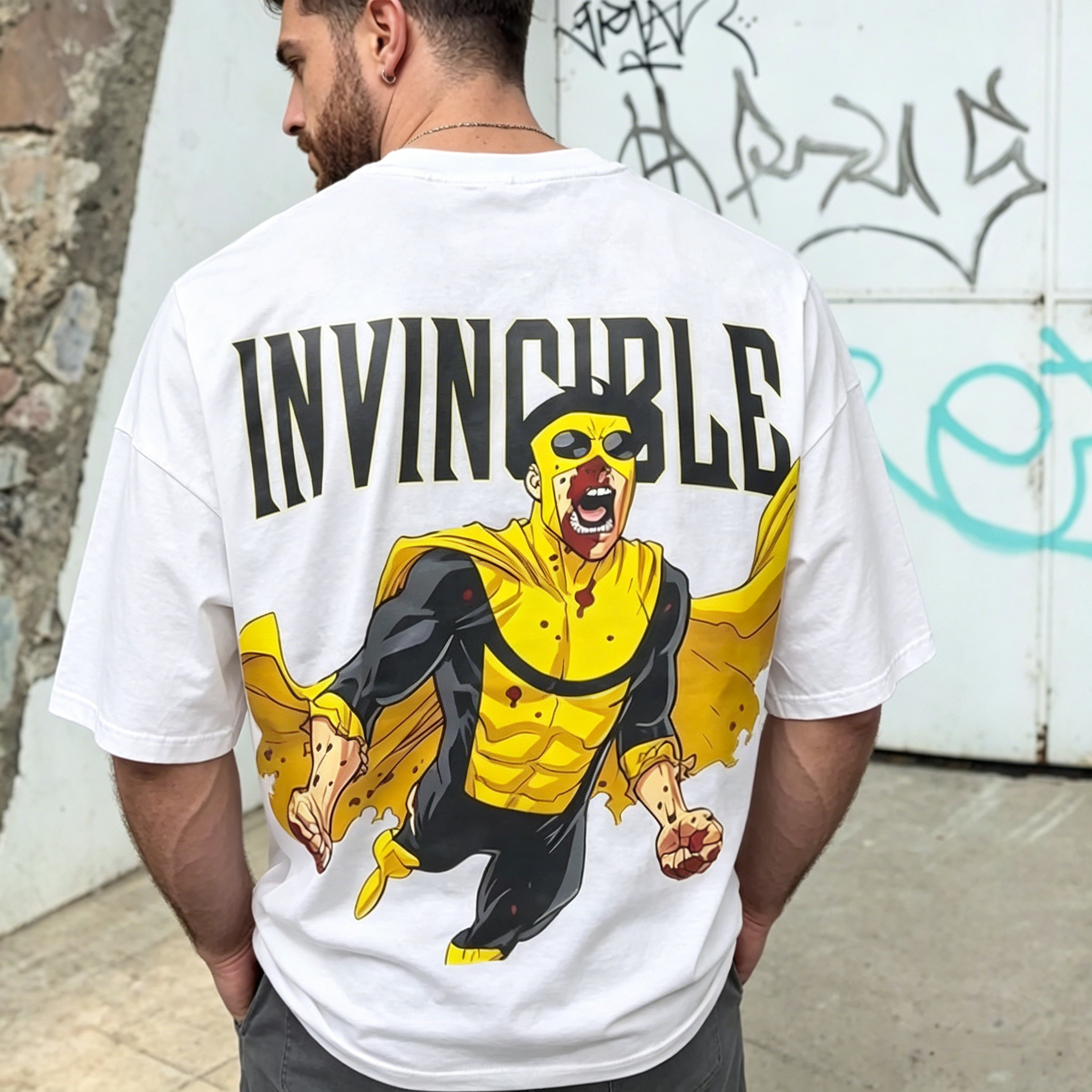 Unbeatable Hero Graphic Streetwear T-Shirt – Bold Yellow Superhero Oversized Tee